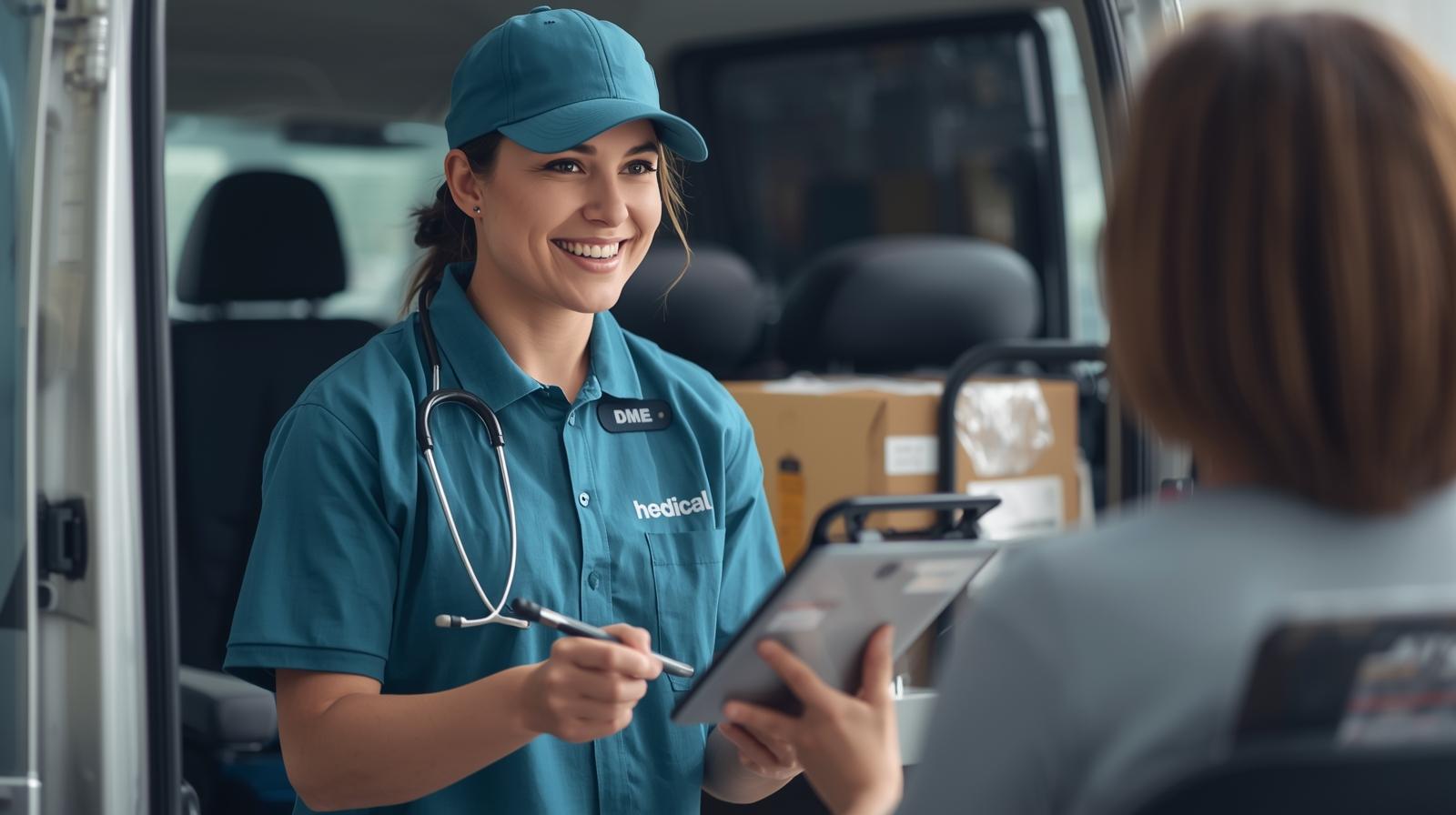 DME delivery driver capturing hospice patient signature on tablet at point of delivery